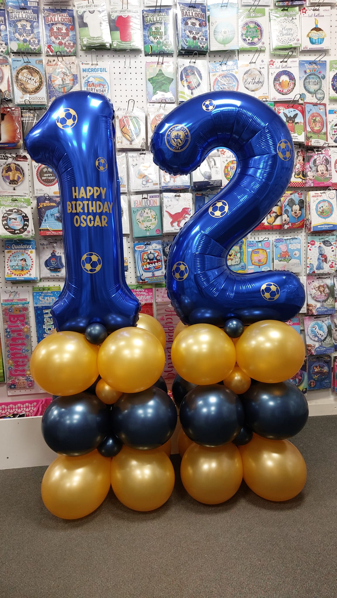12th Birthday Blue Gold Football Theme Balloon Stack