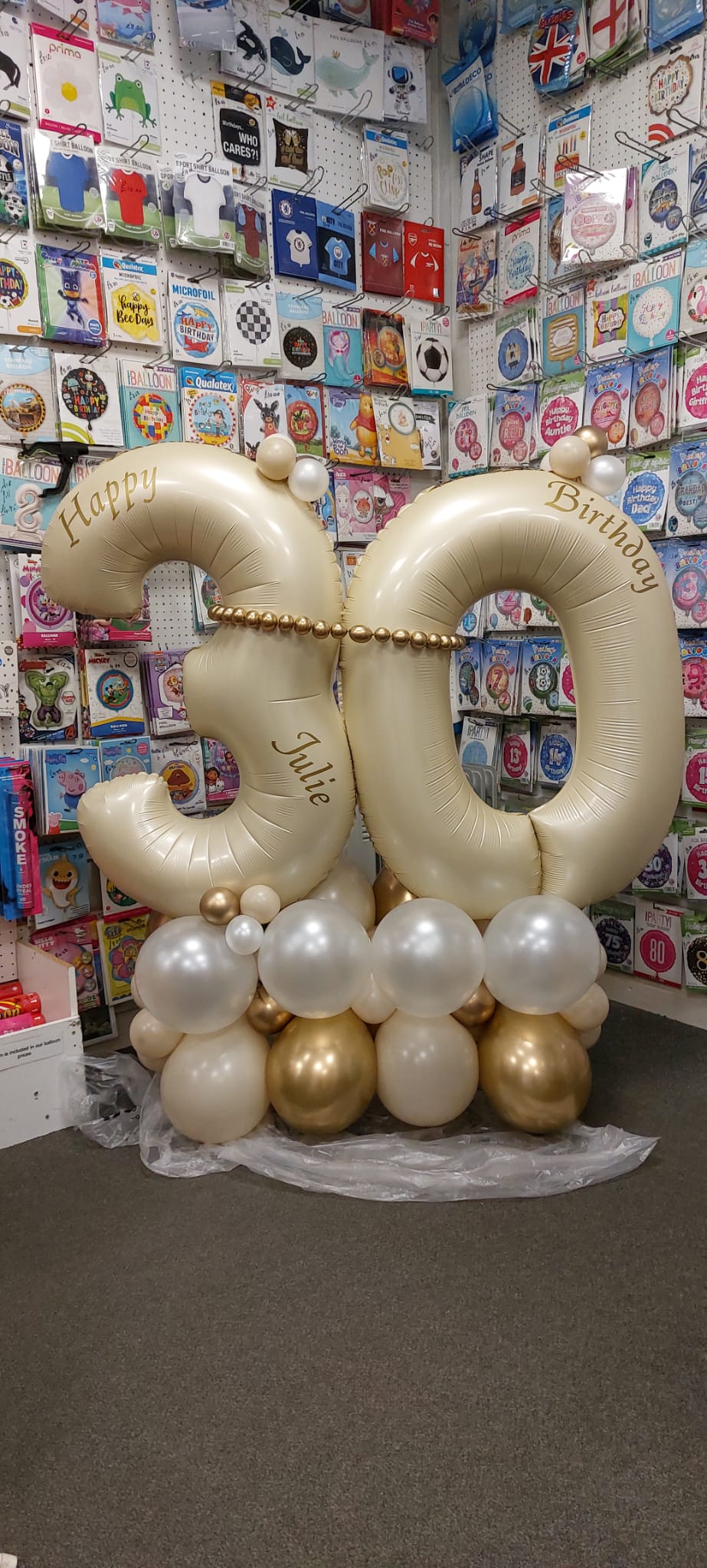 30th Birthday Cream and Gold Personalised Balloon Stack