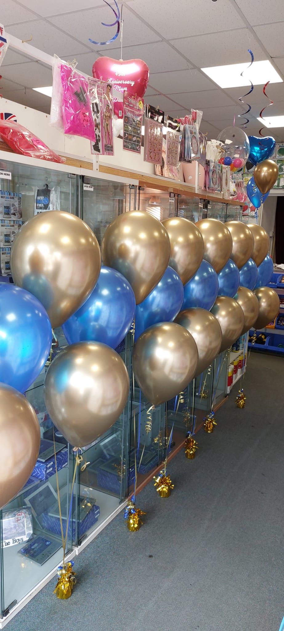 Gold and Blue Chrome Balloon Bouquet Display